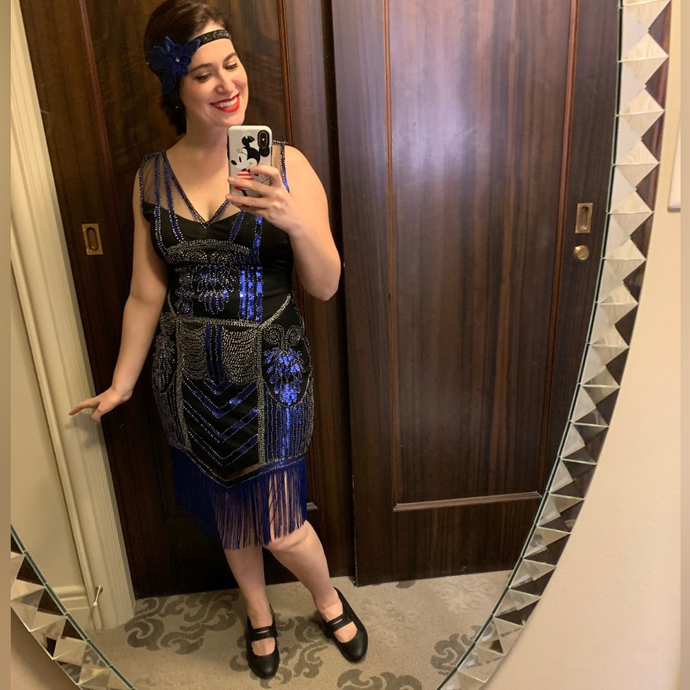 Blue and black flapper dress
